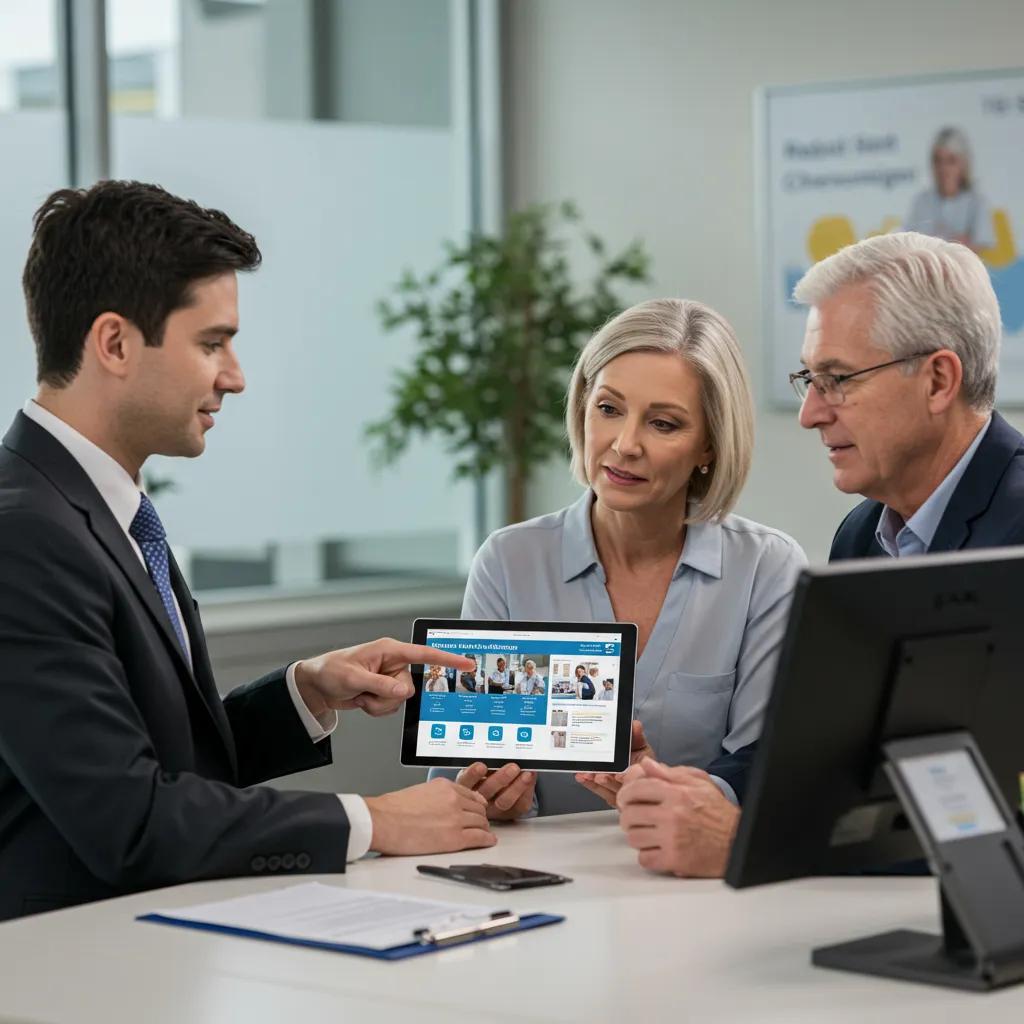 A friendly advisor is explaining the details of Medicare Advantage plans to a couple in a modern office setting.