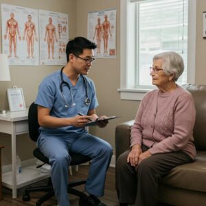 Healthcare professional discussing Medicare rehab options with an elderly patient in a cozy office