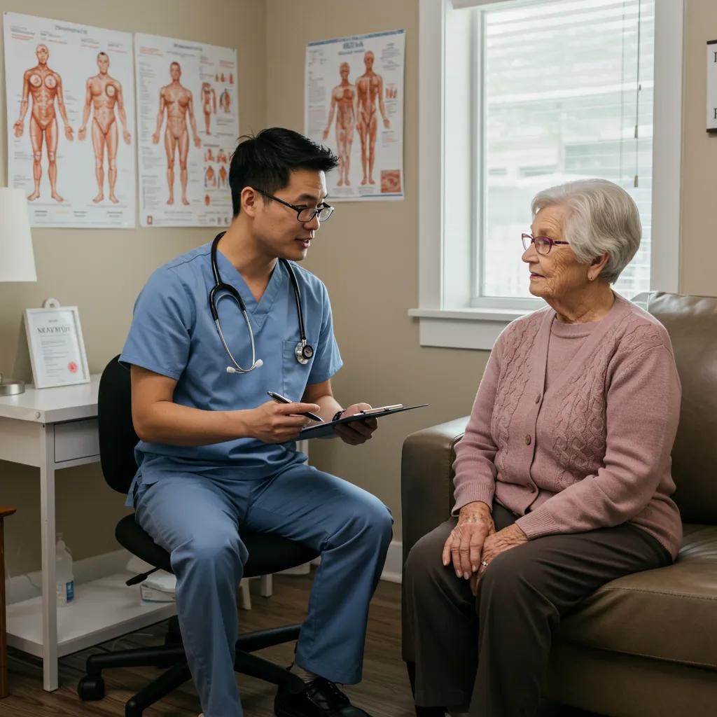 Healthcare professional discussing Medicare rehab options with an elderly patient in a cozy office