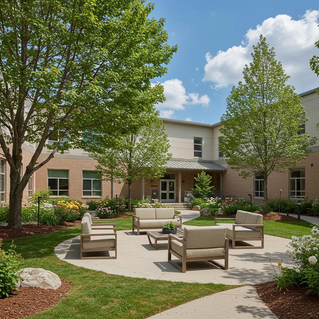 Rehabilitation center garden representing hope and healing in addiction treatment