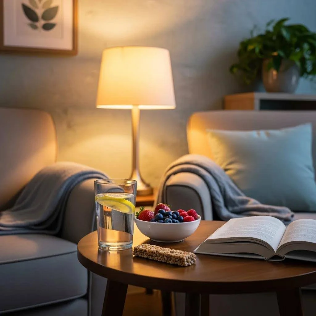 Cozy living room scene with a glass of water, fresh berries in a bowl, a snack bar, and an open book on a wooden table, symbolizing self-care during alcohol detox.