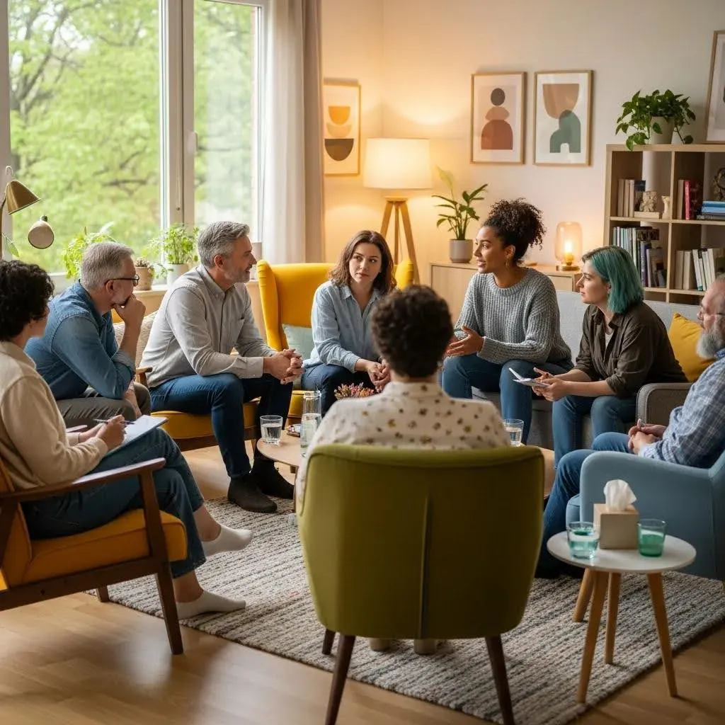 Group therapy session in a cozy setting, emphasizing peer support and communication for relapse prevention strategies in recovery.