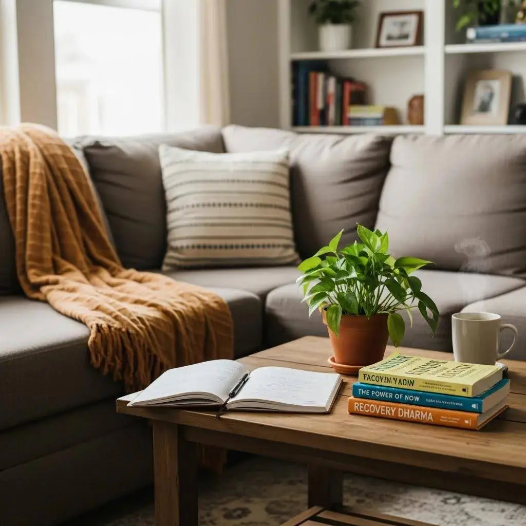 Cozy living room scene with a sofa, throw blanket, potted plant, open notebook, and self-help books on a coffee table, symbolizing recovery and support strategies after rehab.