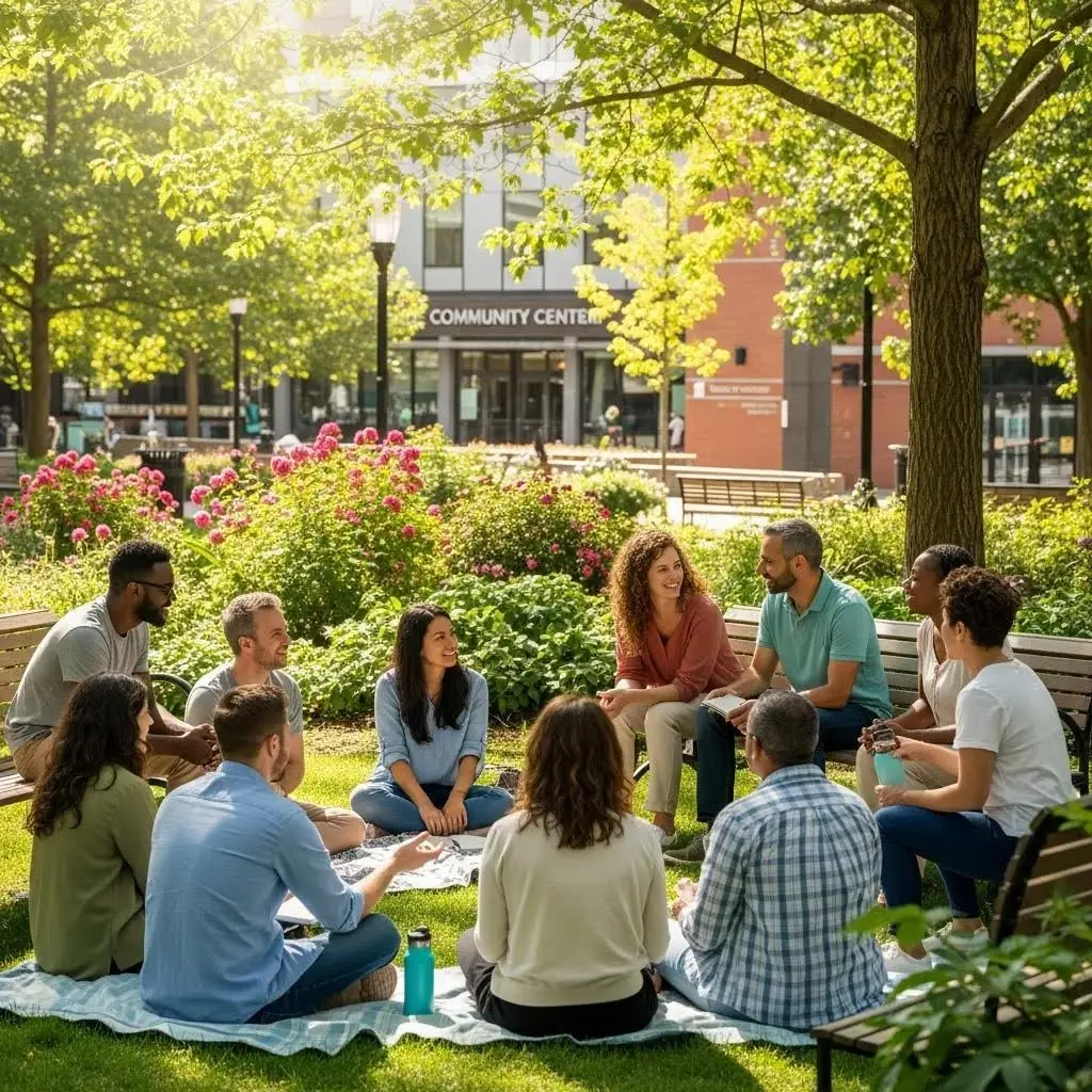 Community support group outdoors promoting integration of therapy into daily life