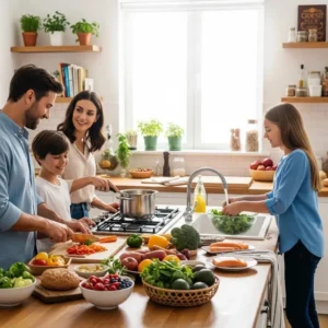 Family cooking together to support healthy eating habits in recovery