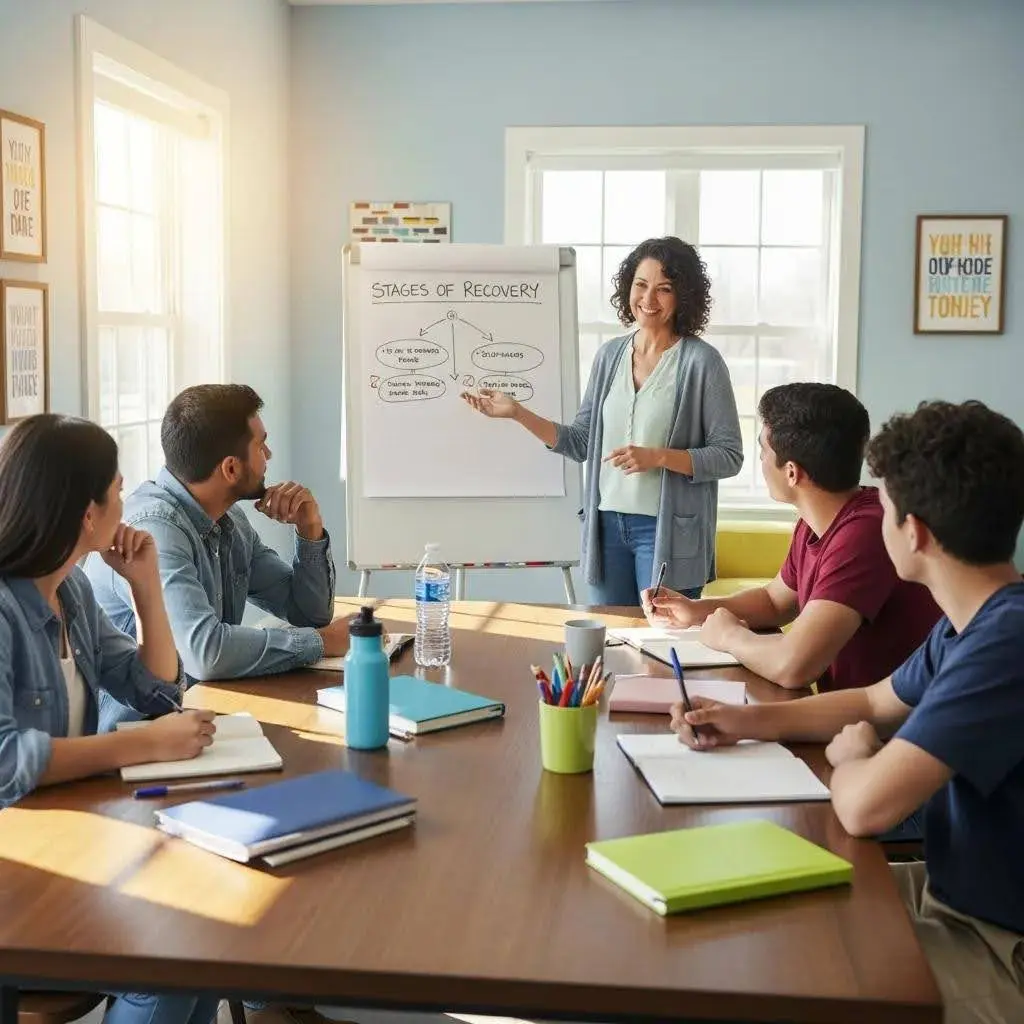 Family participating in an educational workshop on addiction recovery, emphasizing engagement and learning