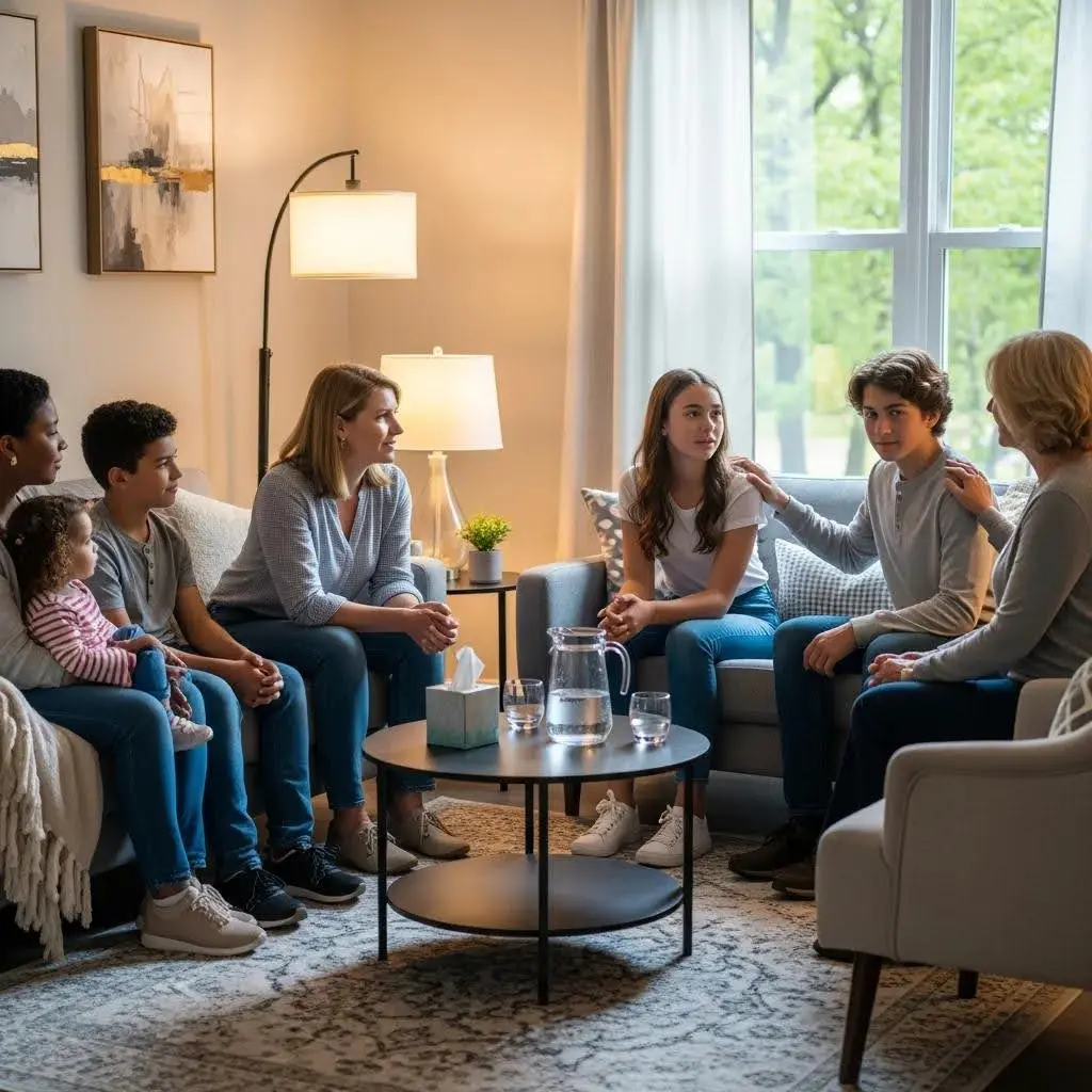 Family therapy session focused on addiction recovery, showcasing supportive interactions among family members