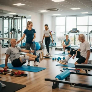 Group fitness rehabilitation session, highlighting the supportive features of fitness programs in addiction recovery