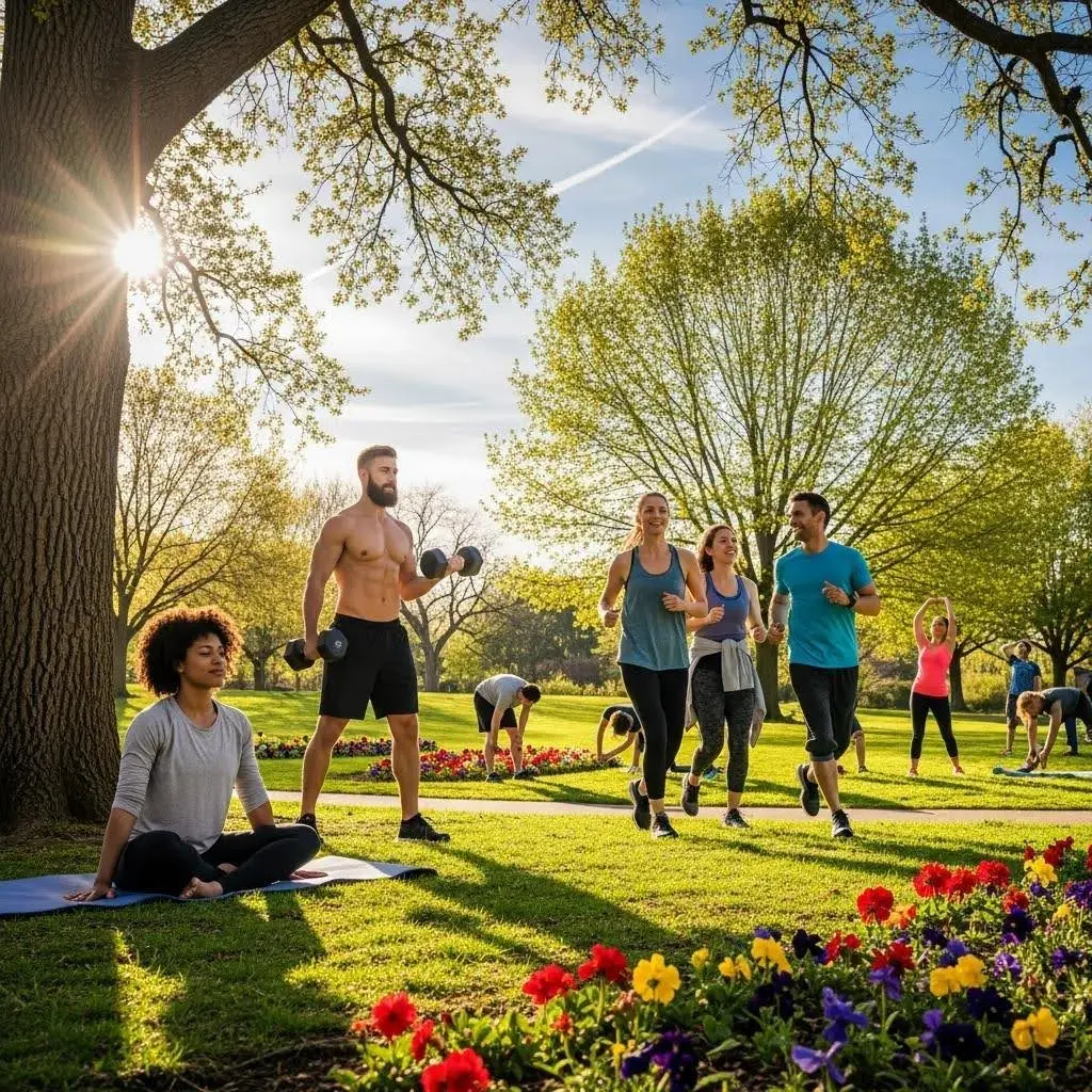 Group of diverse individuals exercising outdoors, showcasing the benefits of physical activity in addiction recovery