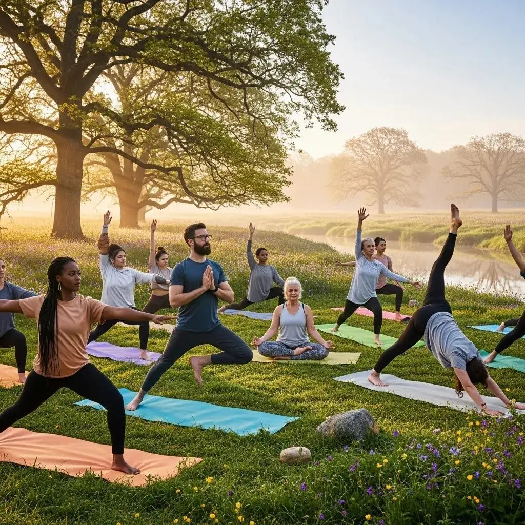 Group practicing yoga outdoors, emphasizing mind-body connection in recovery