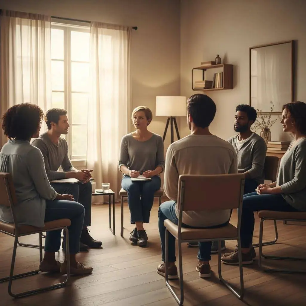 Group therapy session for addiction treatment showcasing support and community