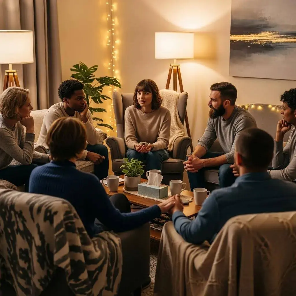 Group therapy session for individuals in recovery from opioid addiction, fostering community support