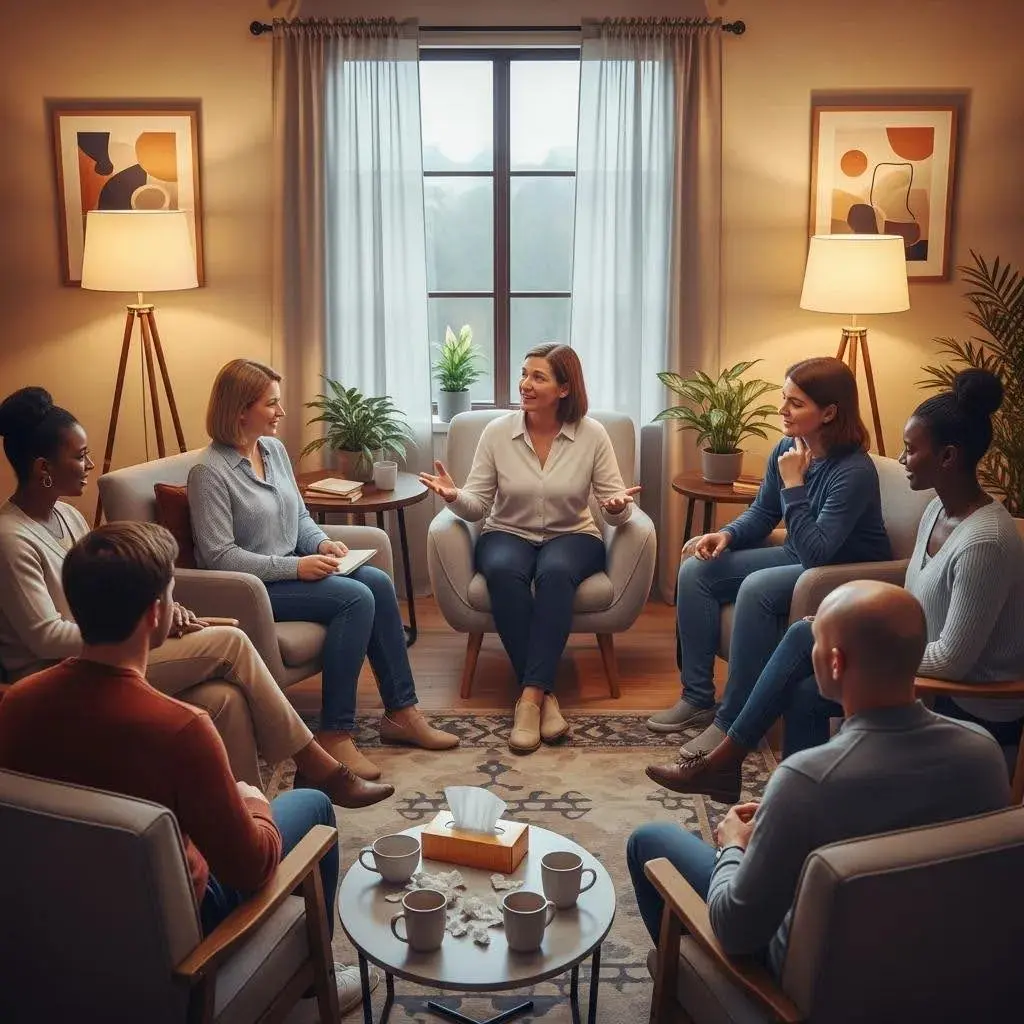 Group therapy session fostering support and connection among individuals in addiction recovery