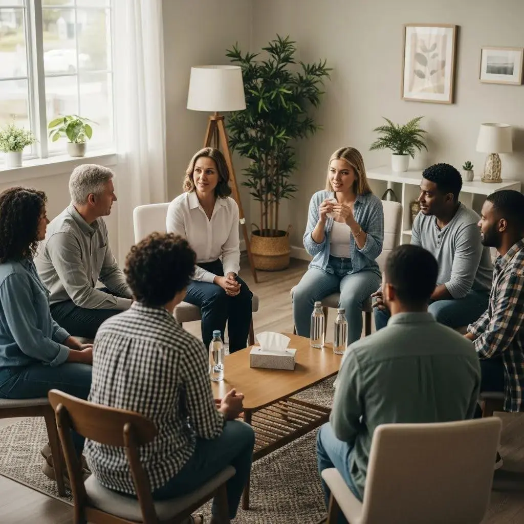 Group therapy session illustrating trauma-informed care principles in addiction treatment