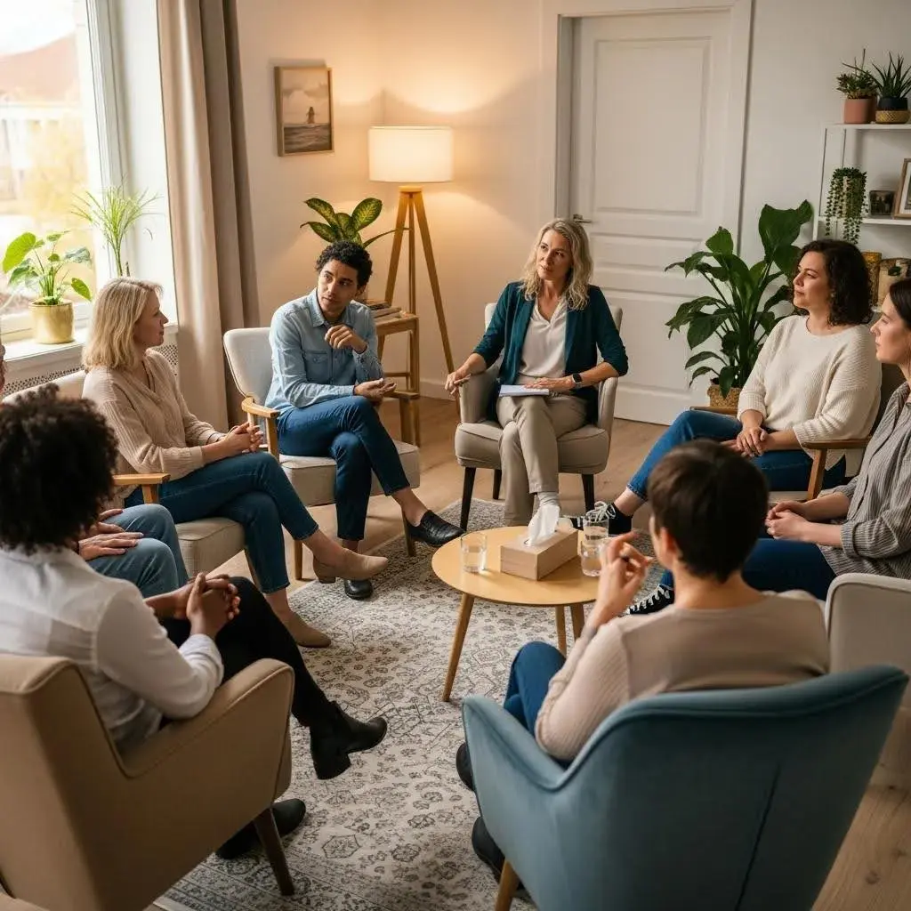 Group therapy session in a Partial Hospitalization Program, highlighting active participation and support