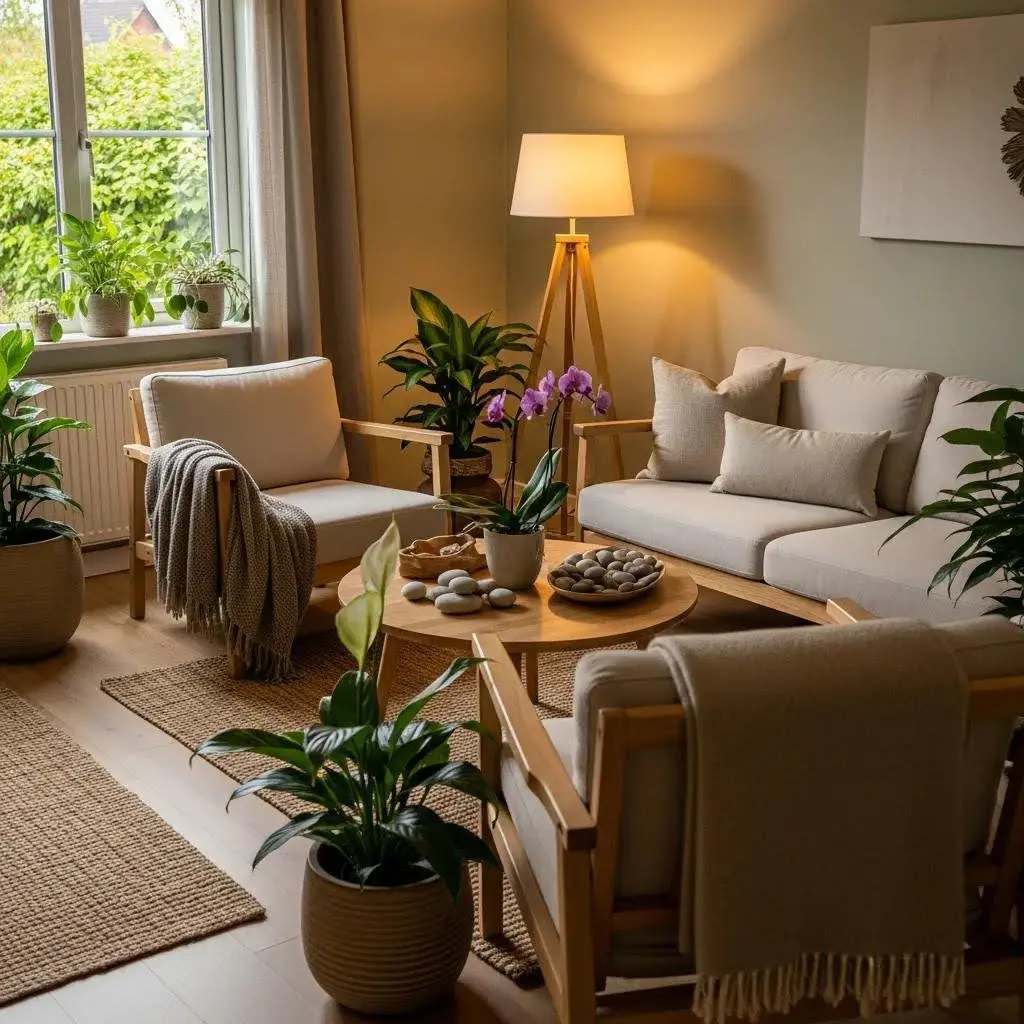 Holistic addiction therapy room with calming decor and natural elements