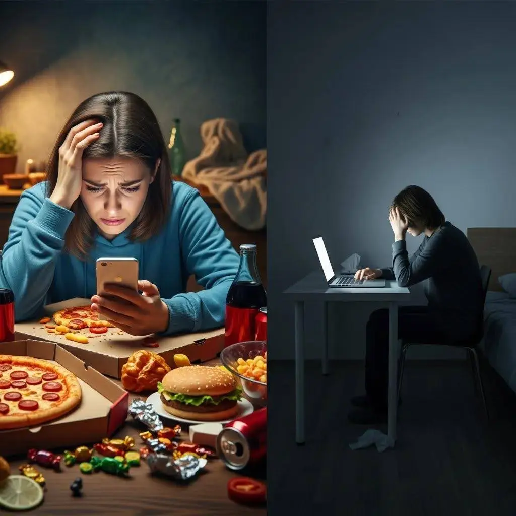 Images illustrating how food and pornography addictions can affect daily life