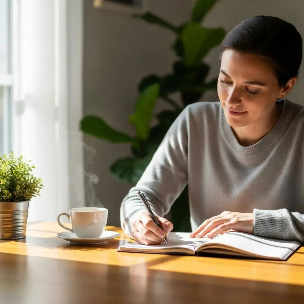 Individual creating a personalized aftercare plan for addiction recovery in a serene environment