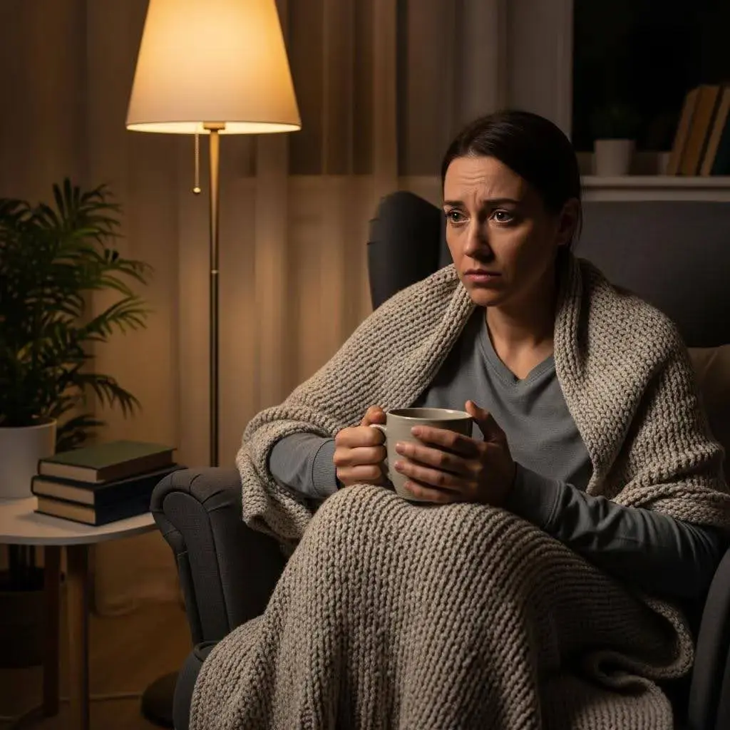 Individual experiencing fatigue and anxiety during meth withdrawal in a cozy setting