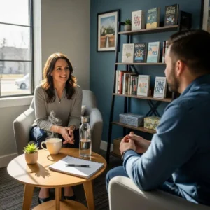 Individual in outpatient therapy session with therapist in a modern office