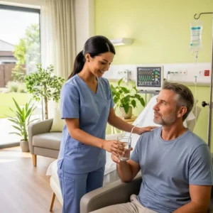 Medical clinician supporting a patient in a detox facility, showing the benefit of continuous medical care during withdrawal