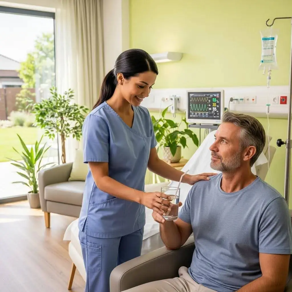 Medical clinician supporting a patient in a detox facility, showing the benefit of continuous medical care during withdrawal