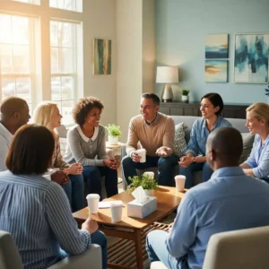 Peer support group meeting for individuals in recovery, highlighting community and shared experiences