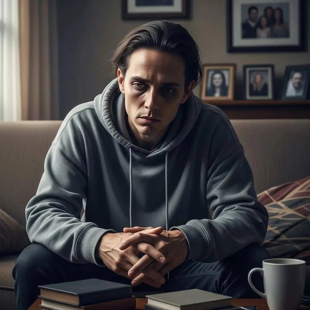 Person on a couch looking withdrawn and unsettled, illustrating psychological effects of dependence