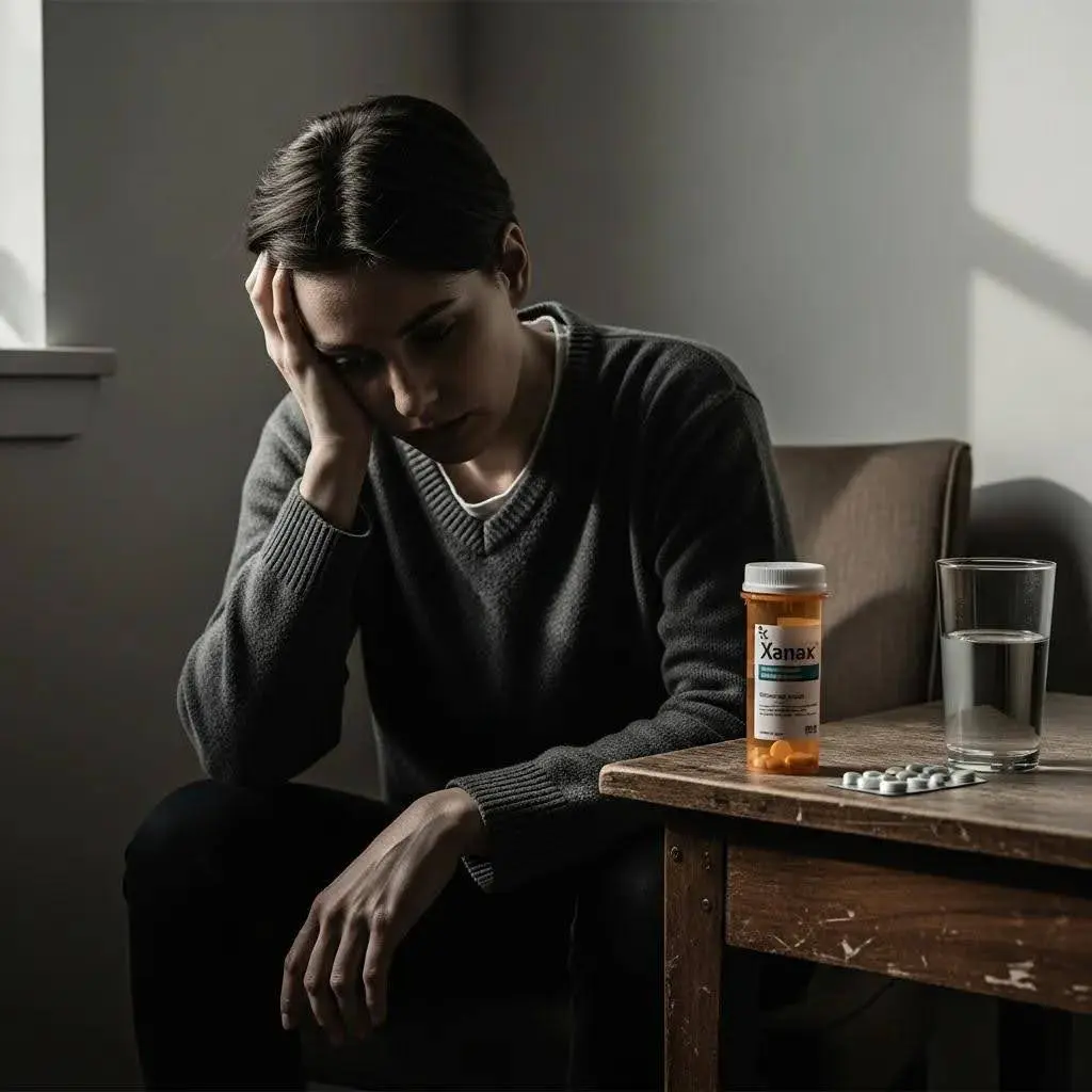 Person sitting quietly in a dim room with a prescription bottle nearby, reflecting on possible Xanax dependence