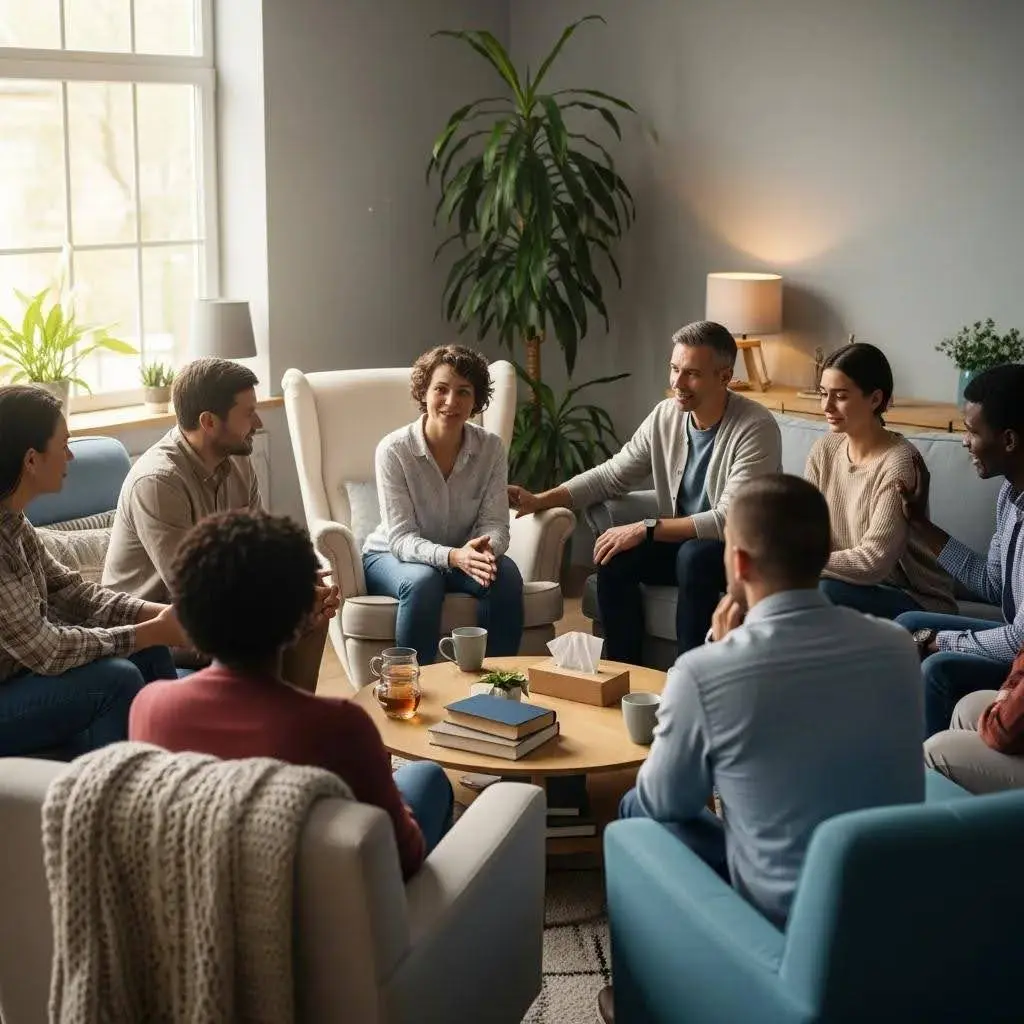 Supportive therapy session for addiction recovery with diverse individuals