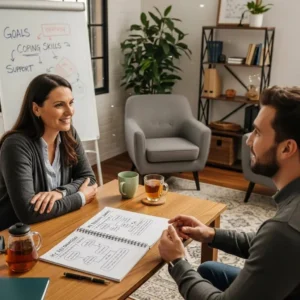 Therapist and client discussing personalized treatment plans for addiction recovery