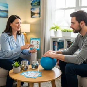 Therapist demonstrating coping skills to a client, emphasizing the development of effective strategies in therapy