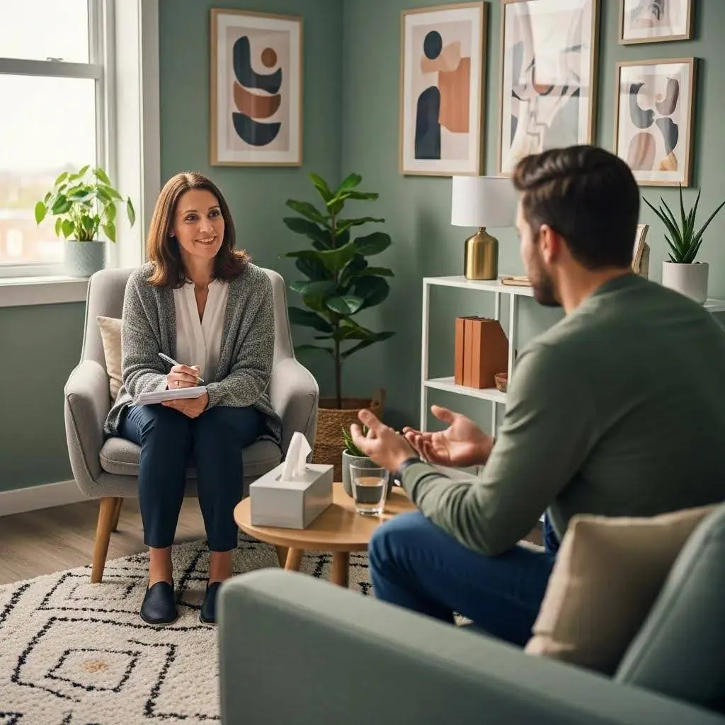 Therapist working with a patient in a calm clinical setting — illustrating integrated care for schizophrenia and Xanax misuse