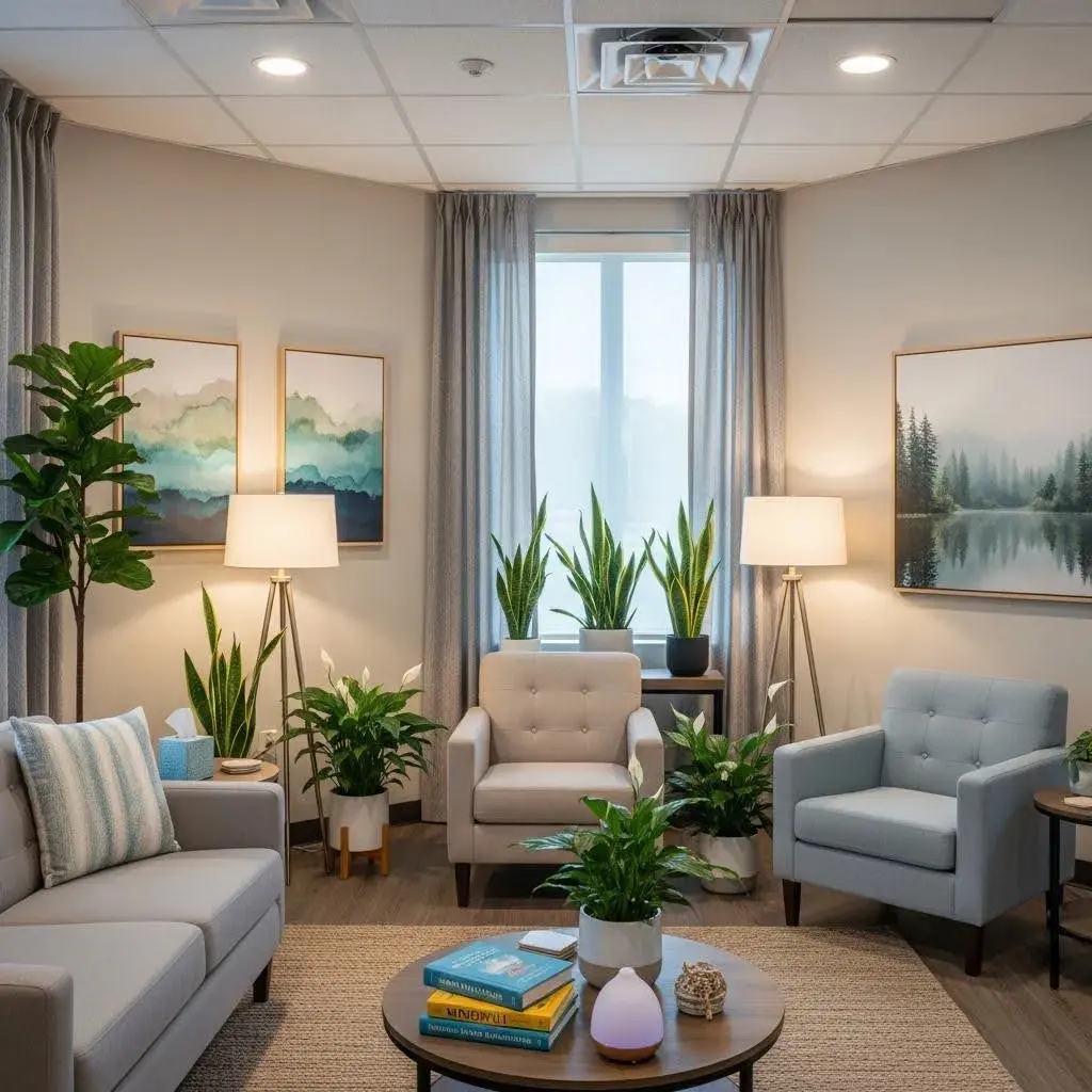 Therapy room designed for Partial Hospitalization Programs, featuring comfortable seating and calming decor