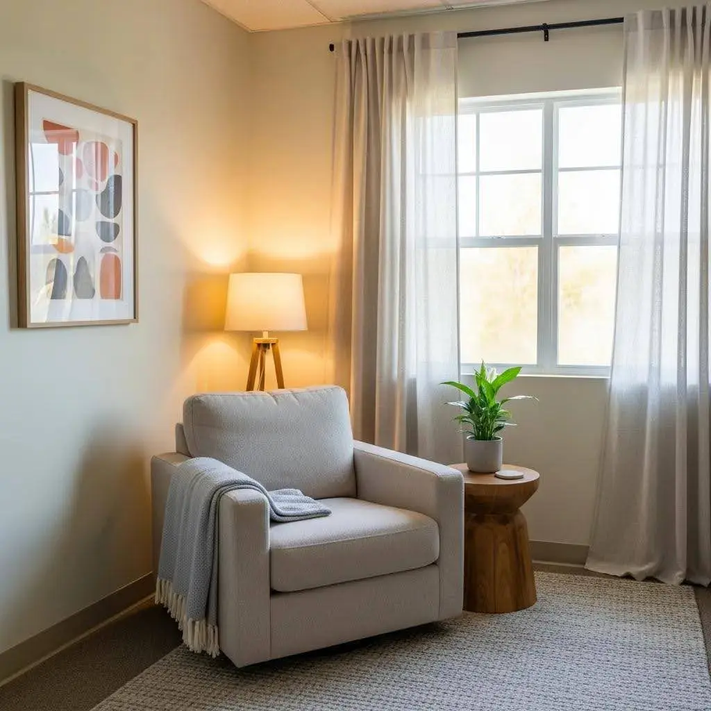 Therapy room designed for individual counseling, emphasizing comfort and safety