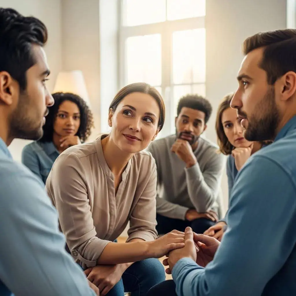 Two individuals sharing experiences in a supportive group therapy environment