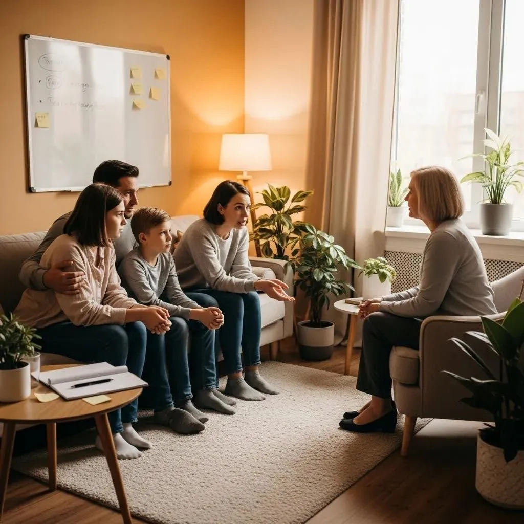 Family therapy session focused on addiction counseling, highlighting communication and support