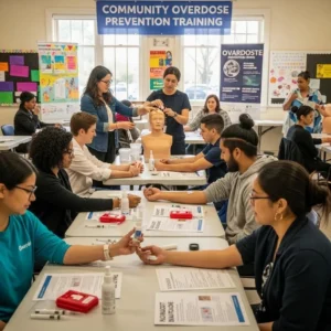 Community members participating in naloxone training for overdose prevention