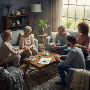 Family discussing support strategies for long-term relapse prevention in recovery