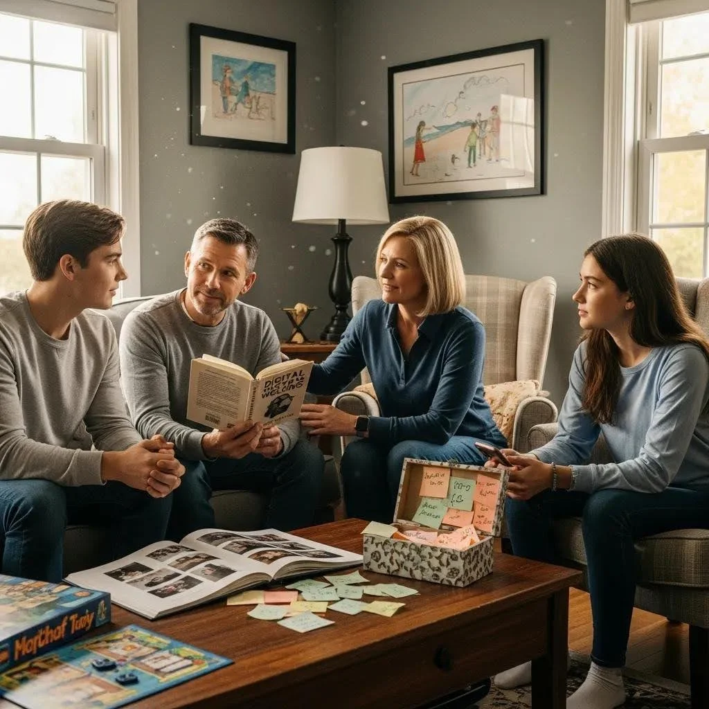 Family members discussing technology addiction recovery in a supportive living room setting