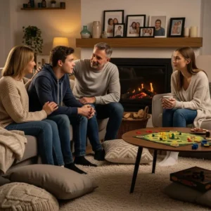 Family members supporting each other in recovery, emphasizing the role of family involvement in integrated treatment