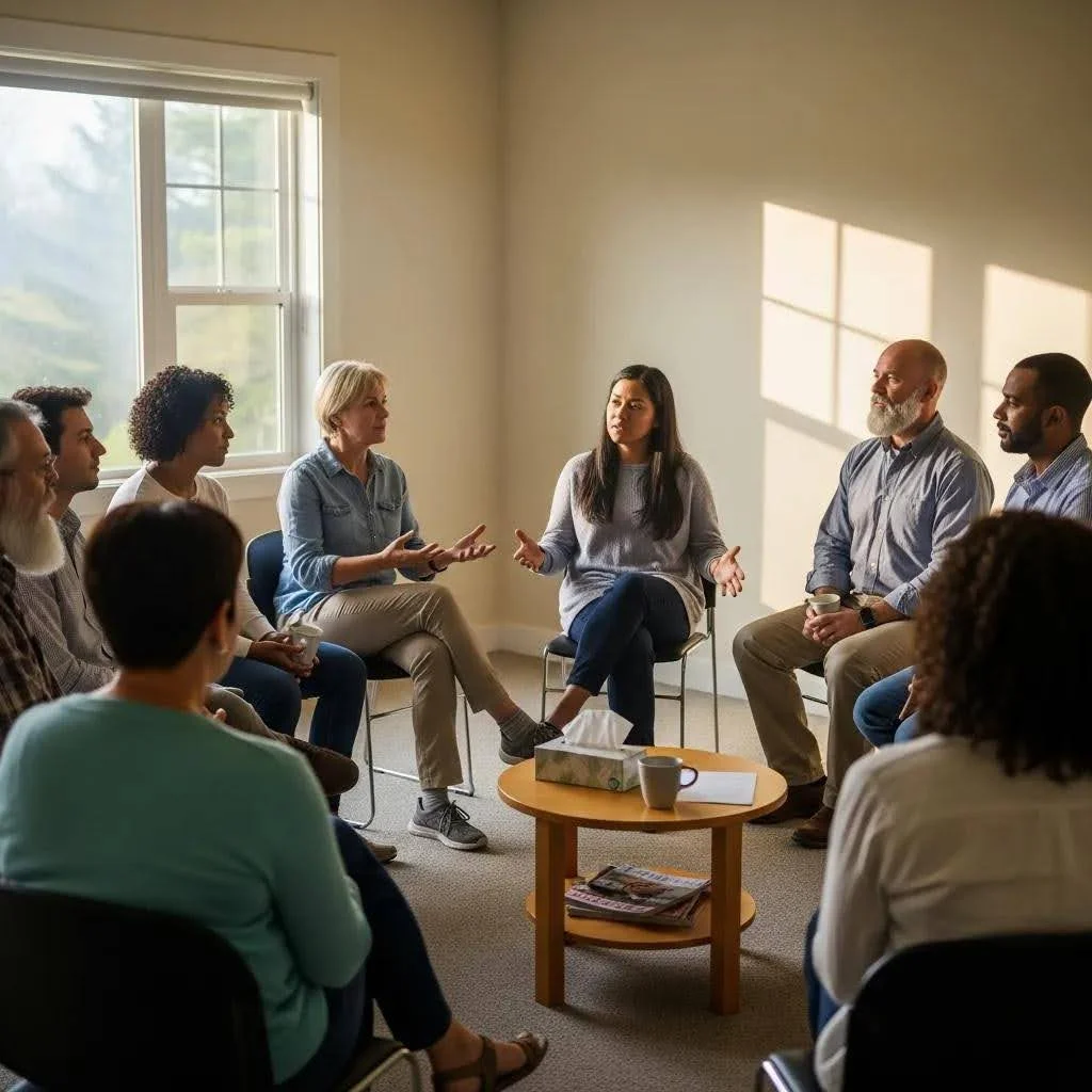 Group therapy session for gambling addiction recovery, showcasing support and healing