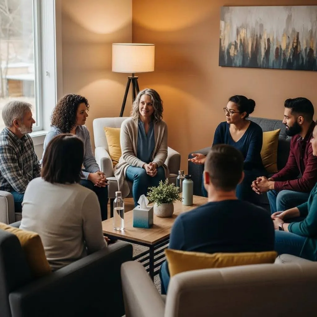 Group therapy session for opioid addiction recovery, showcasing supportive interactions among participants