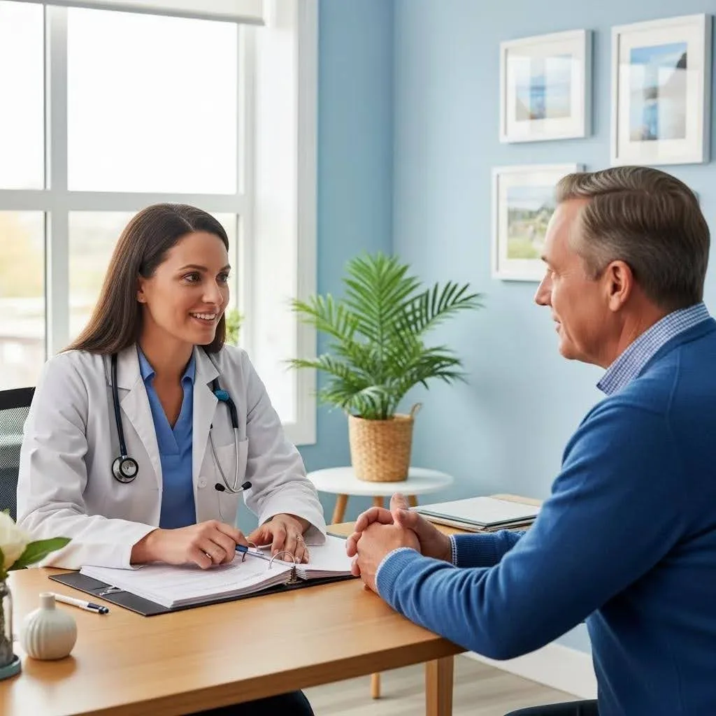Healthcare professional and patient discussing opioid addiction treatment options in a supportive environment