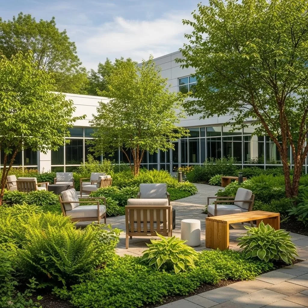 Modern addiction treatment center in Massachusetts with serene outdoor space