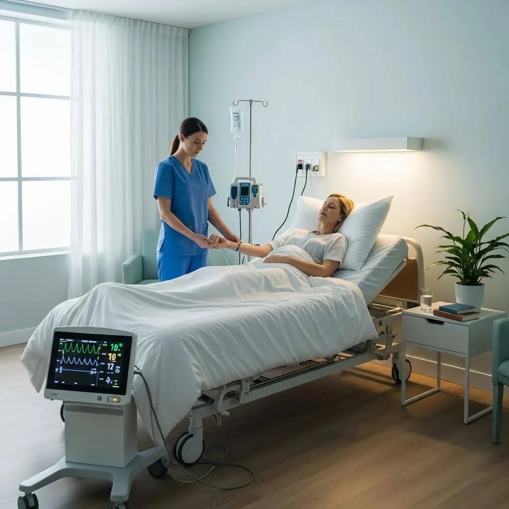Patient in a detoxification room being monitored by a nurse during medically supervised detox