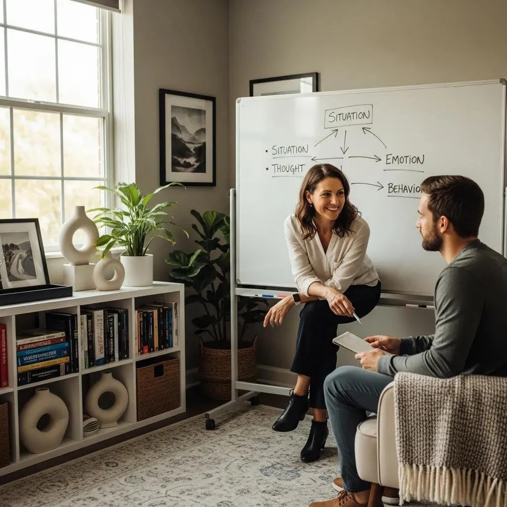 Therapist and client engaged in cognitive behavioral therapy for dual diagnosis recovery