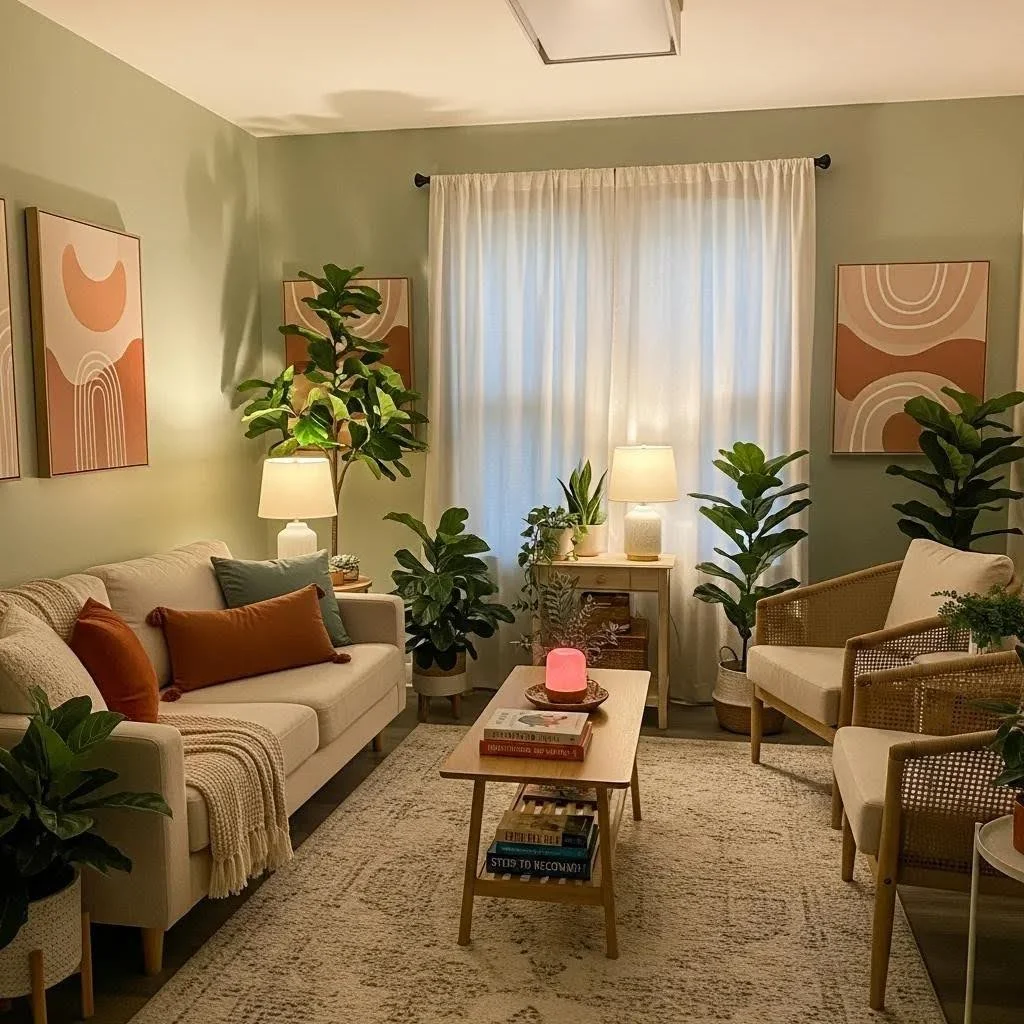 Therapy room designed for integrated treatment of anxiety and substance abuse, featuring calming decor and inviting atmosphere