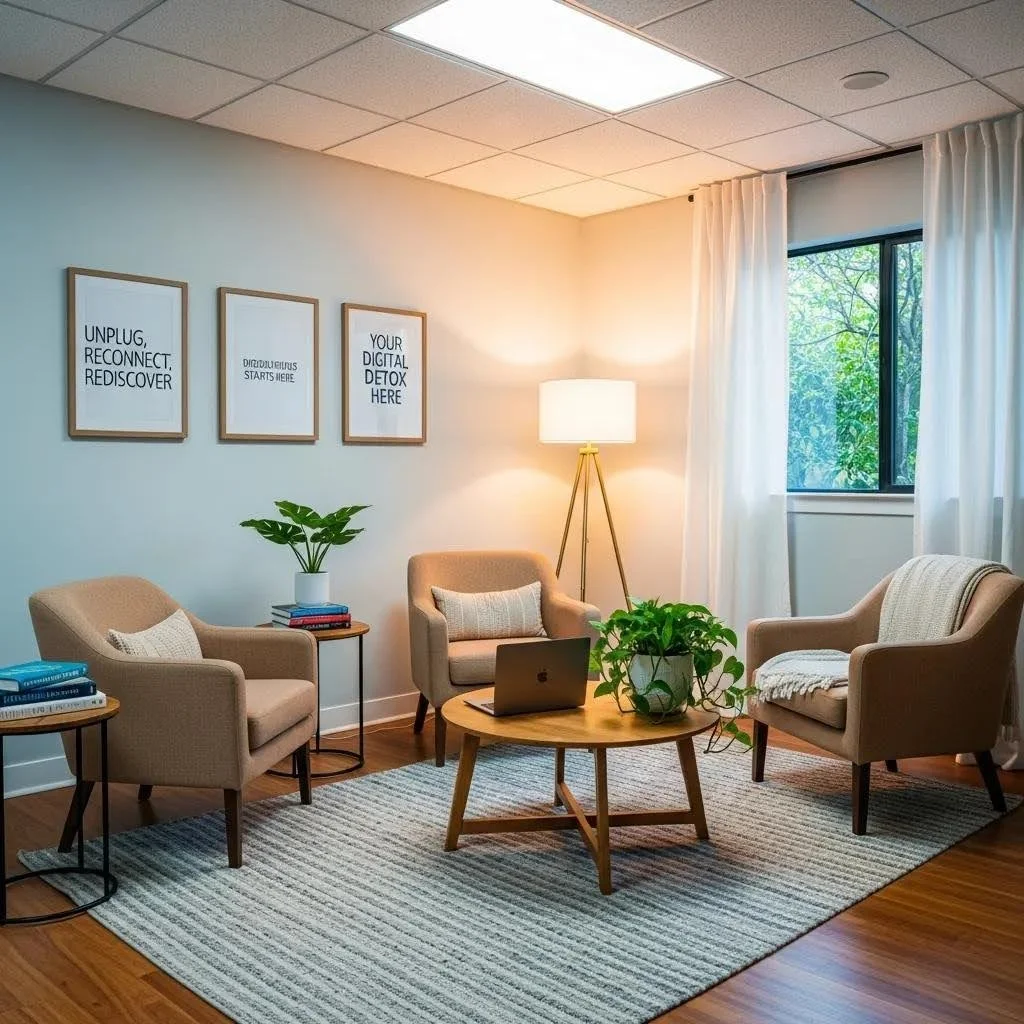 Therapy room designed for technology addiction treatment, featuring comfortable seating and calming decor