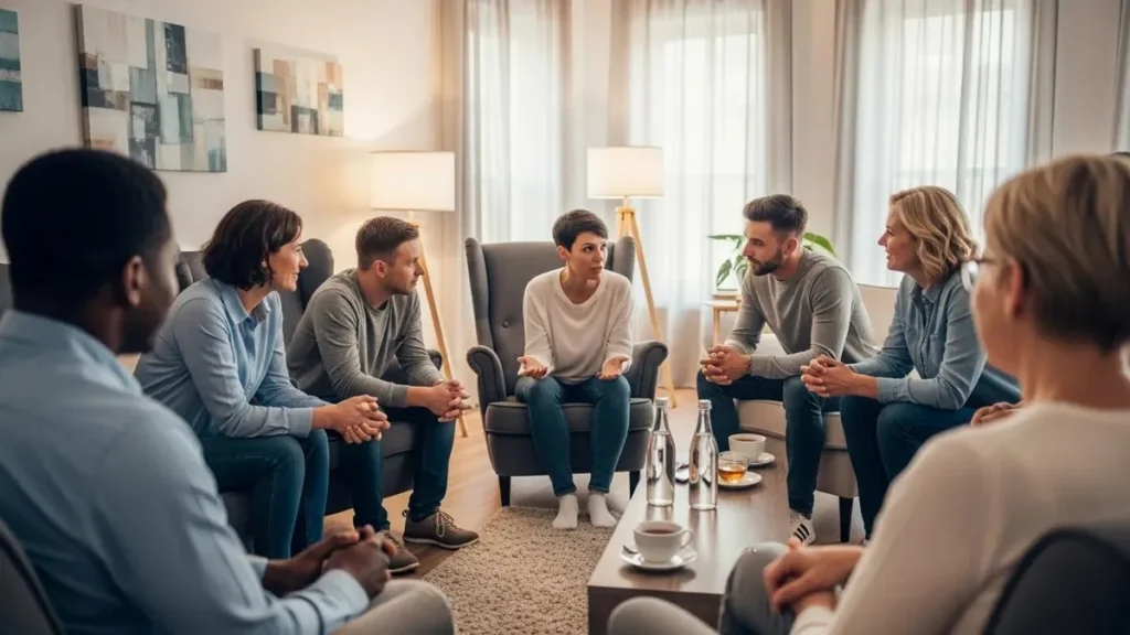 Group therapy session focused on managing panic attacks during alcohol withdrawal